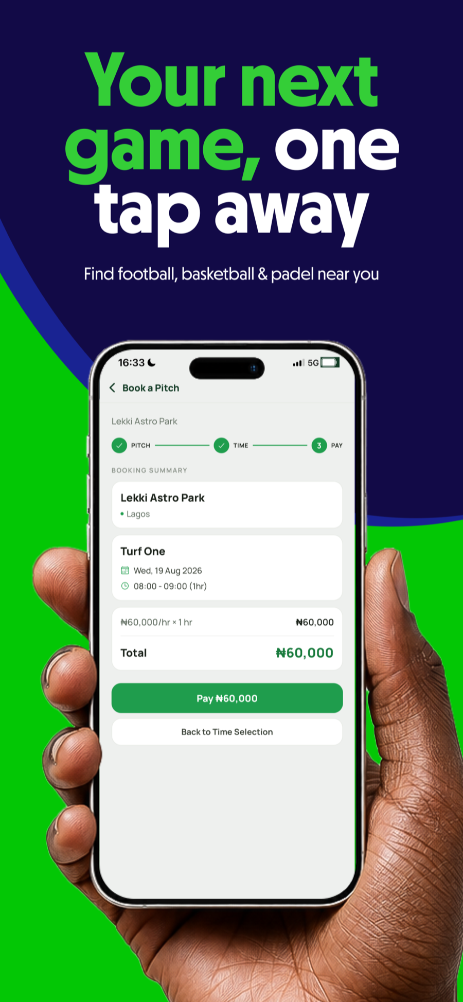 PlayBeta app showing a pitch booking summary for Lekki Astro Park