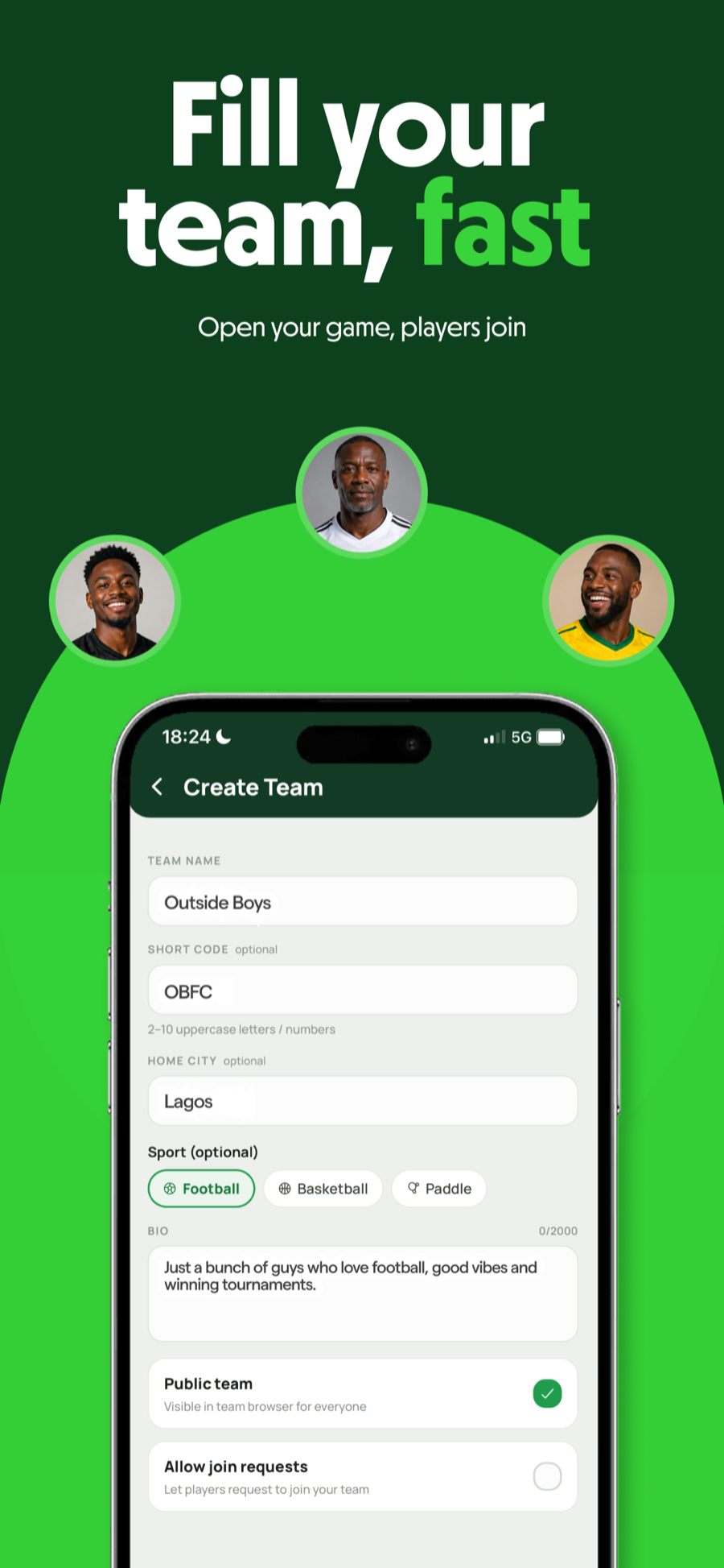 PlayBeta Create Team screen with team name, sport picker and members